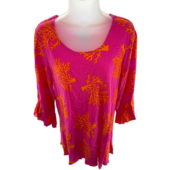 escapada Tops - Escapada Pink Coral Print Ruffle Sleeve Womens Blouse Top XL*
